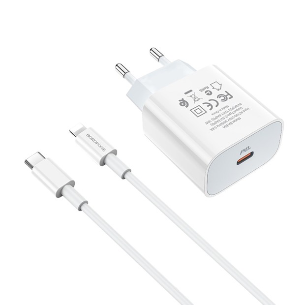 СЗУ-адаптер USB Borofone BA38A PD 3.0 + Type-C - Lightning-кабель (Белый)
